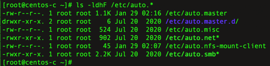 directory listing for auto.master in /etc in a CentOS 8.3 machine